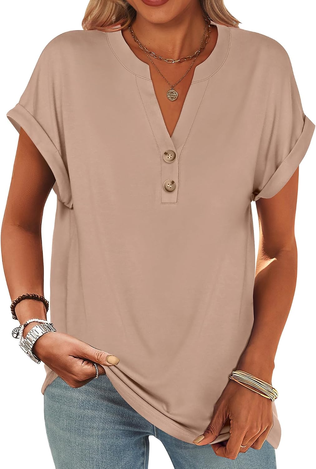ANRABESS Womens Short Sleeve Henley Tops V Neck Dressy Casual Blouses Summer Trendy Tee Shirts 2026 Vacation Fashion Clothes