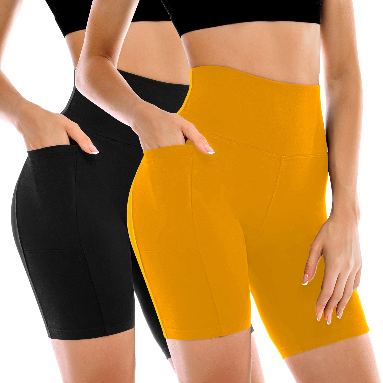 Leafigure 2 Pack Womens Biker Shorts with Pockets 6" | High Waisted, Tummy Control, Running, Gym, Workout, Yoga Shorts