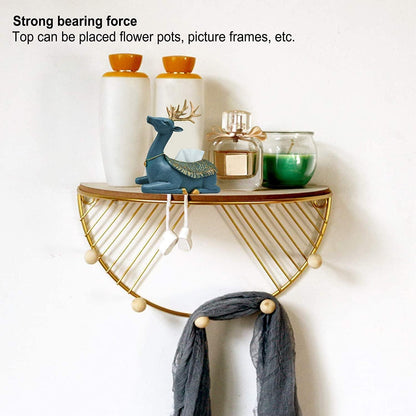 Golden D-shaped wall hooks with floating shelf and wooden hooks, Carmine Athena home organization accessory