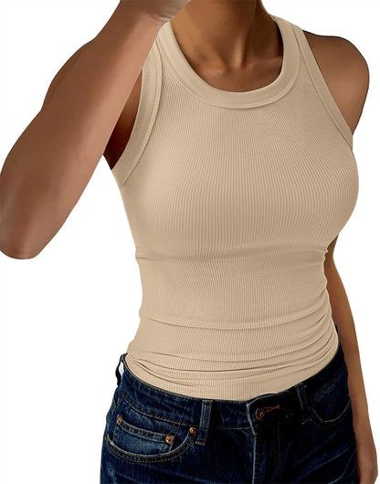 GKBK Womens Tank Tops High Neck Sleeveless Ribbed Tank Casual Basic Thick Strap Slim Fitted Racerback Shirts