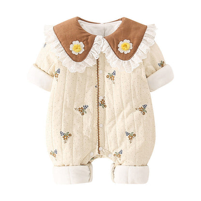 Baby girl wearing DaisyWarm™ winter floral jumpsuit by Carmine Juneberry, featuring a cozy, patterned baby clothing outfit.
