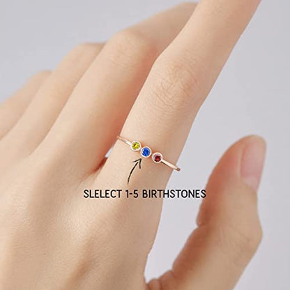 Green Millie mom birthstone ring featuring multiple colorful birthstones set in a silver ring for mothers and children.