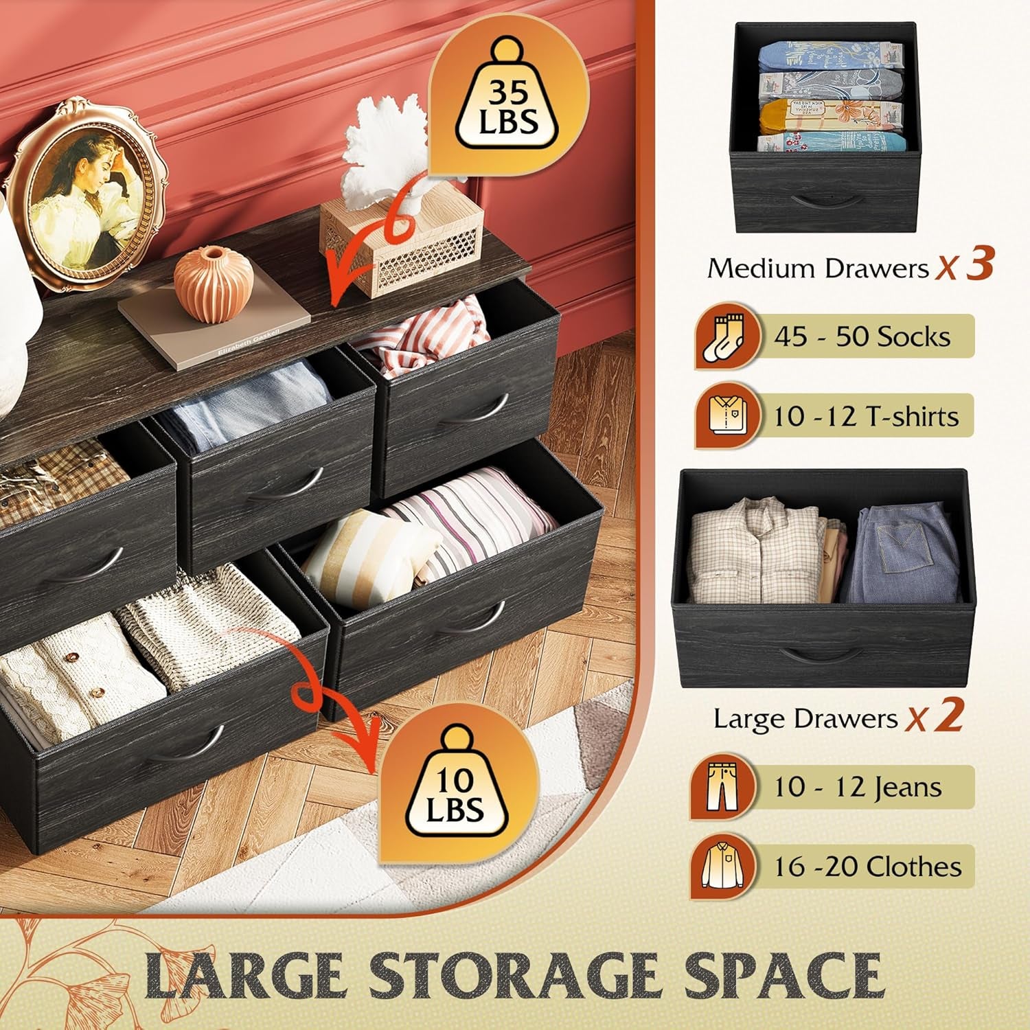 Charcoal black Peach Maple wood grain dresser with 5 drawers and fabric bins, showcasing a modern furniture design.