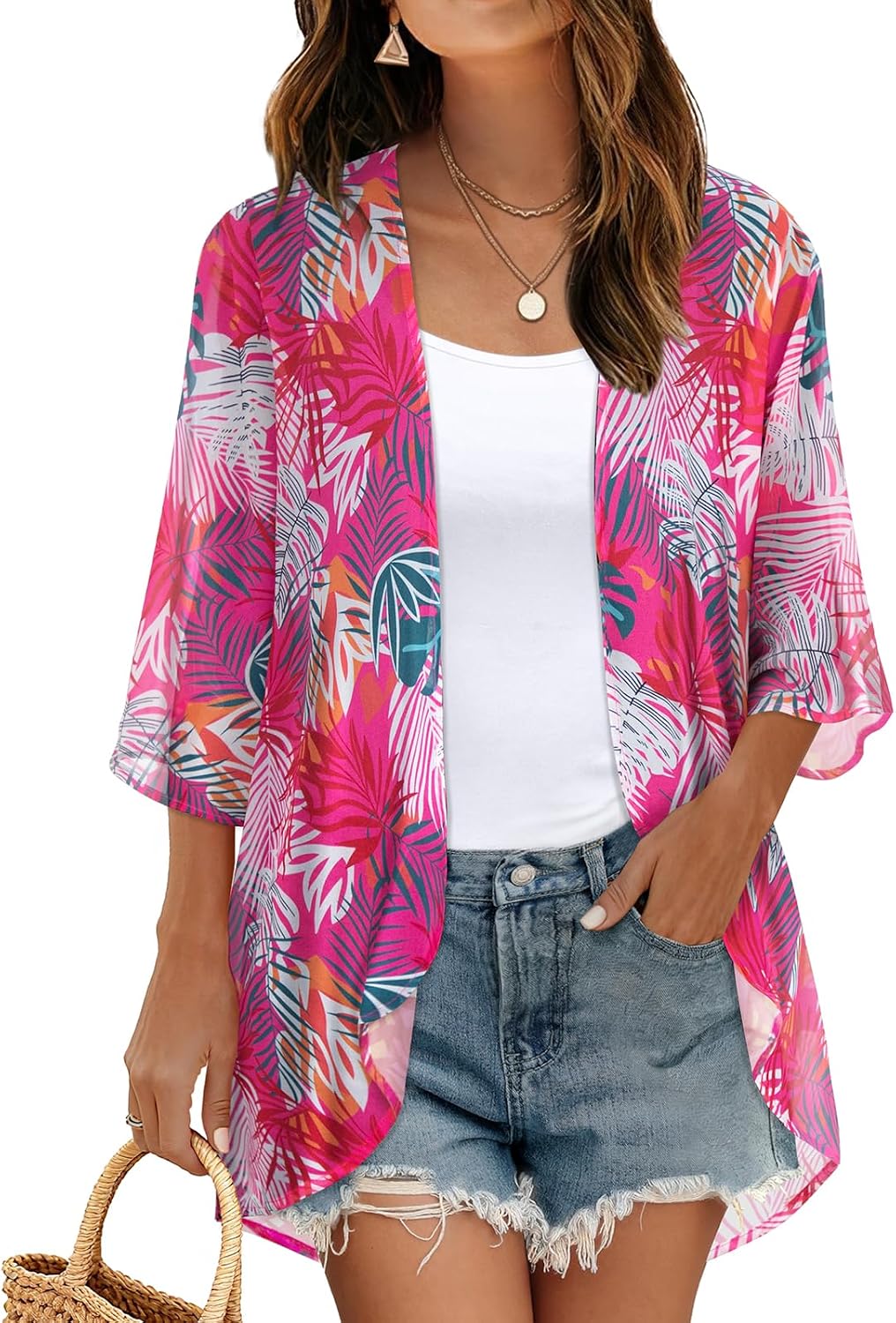 CHICGAL Womens Floral Kimono Cardigan Beach Cover Up Casual Summer Tops | 2026 Puff Sleeve Open Front Chiffon Outfit,Hawaiian Shirt,Beach Vacation Swimwear, Plus Top,Boho ladies Blouse,Cruise Resort