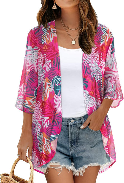 CHICGAL Womens Floral Kimono Cardigan Beach Cover Up Casual Summer Tops | 2026 Puff Sleeve Open Front Chiffon Outfit,Hawaiian Shirt,Beach Vacation Swimwear, Plus Top,Boho ladies Blouse,Cruise Resort
