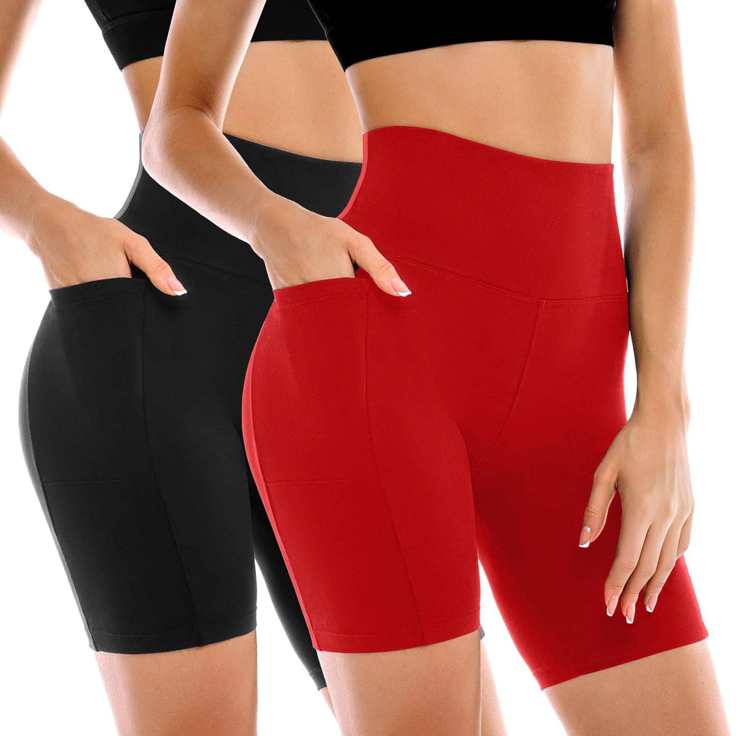 Leafigure 2 Pack Womens Biker Shorts with Pockets 6" | High Waisted, Tummy Control, Running, Gym, Workout, Yoga Shorts