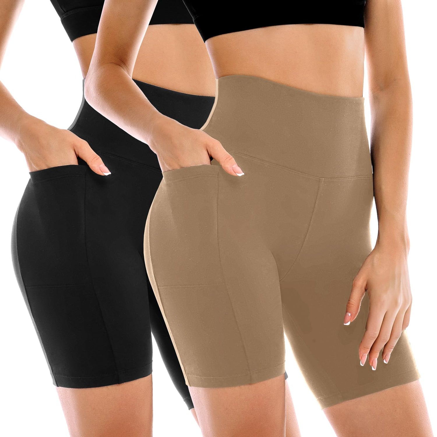 Leafigure 2 Pack Womens Biker Shorts with Pockets 6" | High Waisted, Tummy Control, Running, Gym, Workout, Yoga Shorts