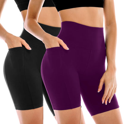 Leafigure 2 Pack Womens Biker Shorts with Pockets 6" | High Waisted, Tummy Control, Running, Gym, Workout, Yoga Shorts