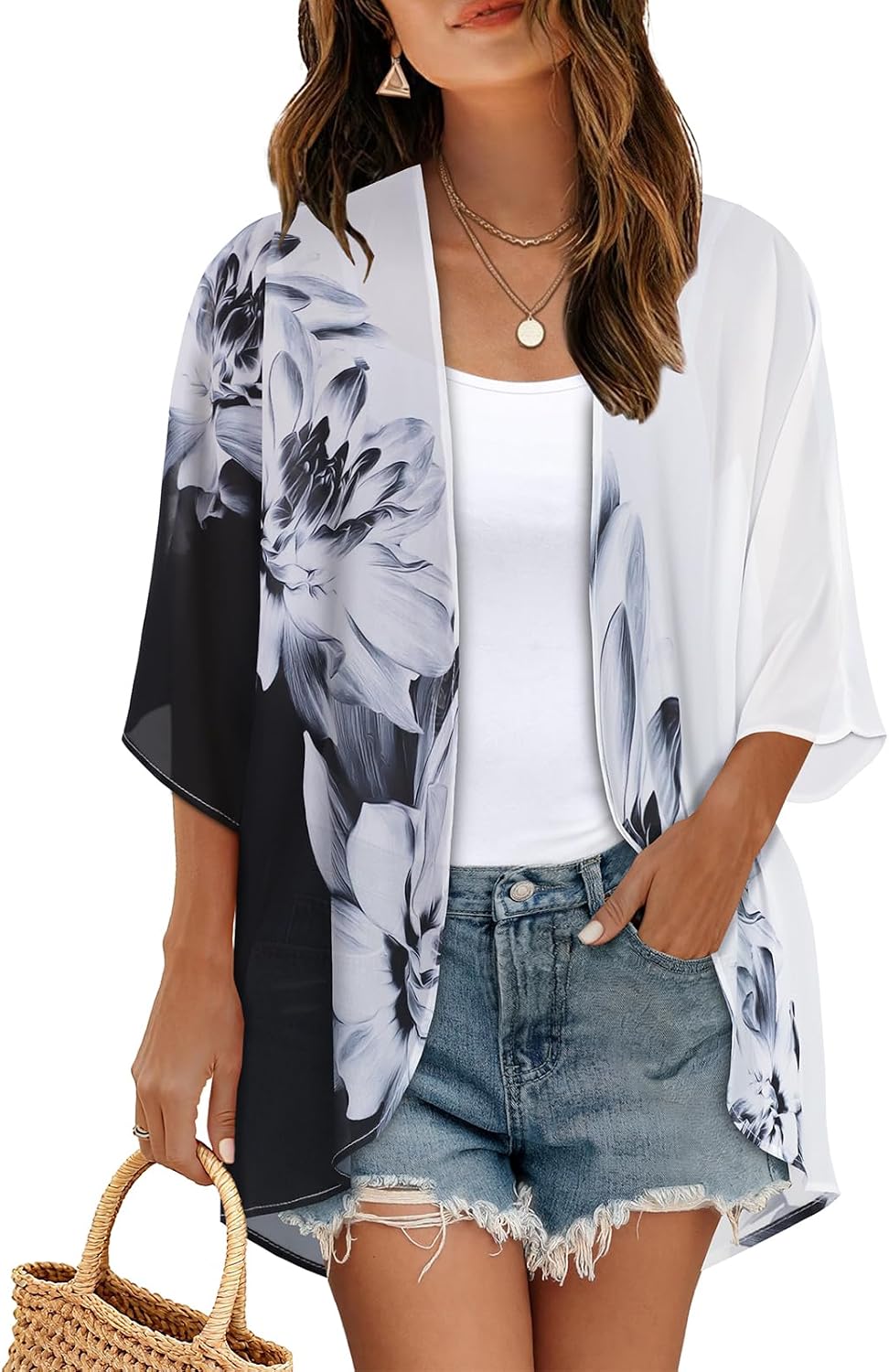 CHICGAL Womens Floral Kimono Cardigan Beach Cover Up Casual Summer Tops | 2026 Puff Sleeve Open Front Chiffon Outfit,Hawaiian Shirt,Beach Vacation Swimwear, Plus Top,Boho ladies Blouse,Cruise Resort