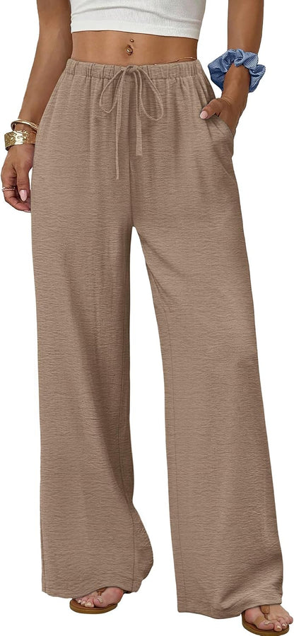 Sampeel Wide Leg Pants for Women Flowy Palazzo Drawstring Elastic Waist Trousers with Pockets Summer Beach Vacation Clothes