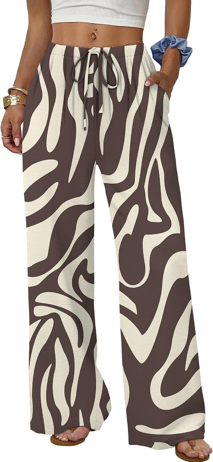 Sampeel Wide Leg Pants for Women Flowy Palazzo Drawstring Elastic Waist Trousers with Pockets Summer Beach Vacation Clothes