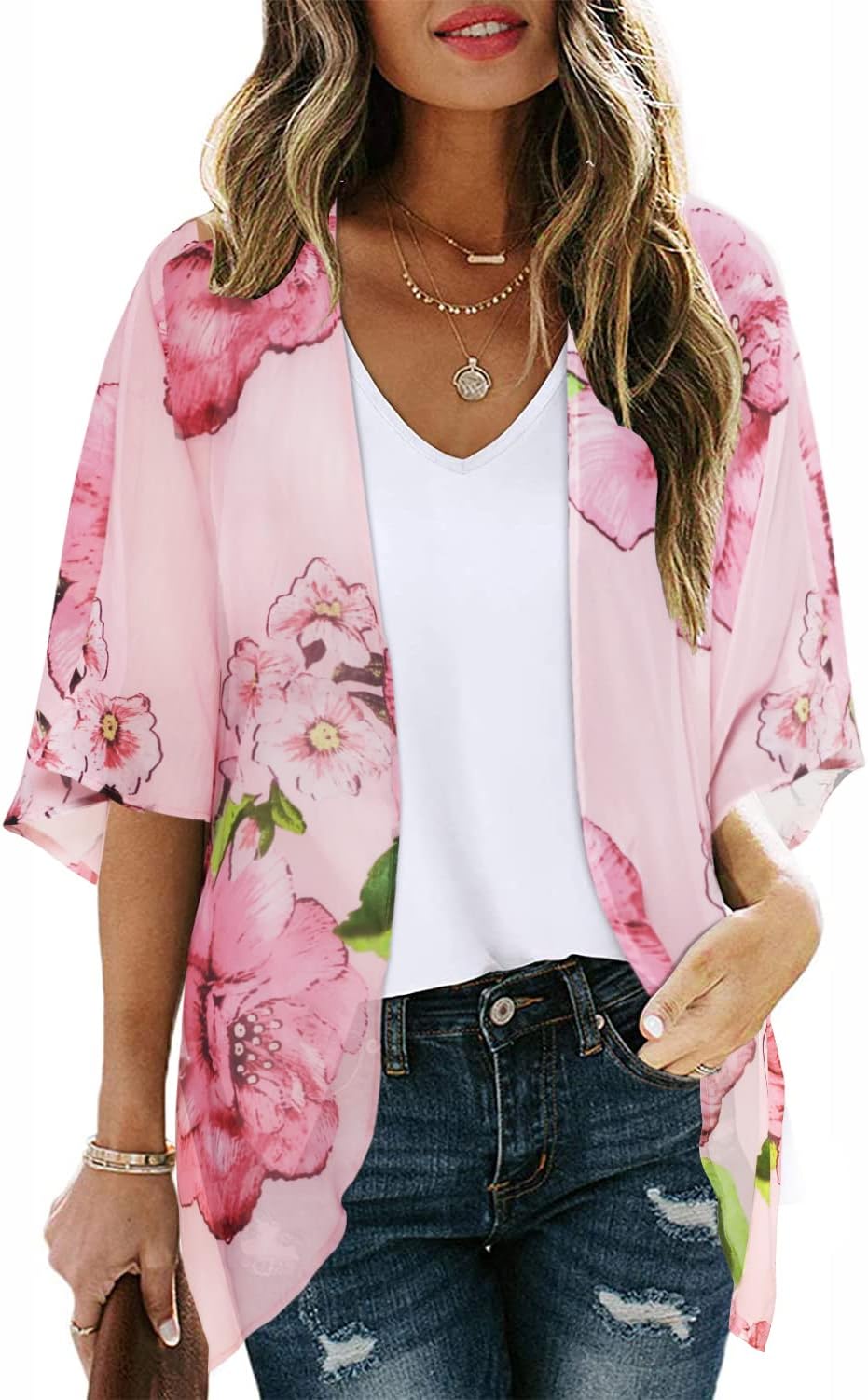 CHICGAL Womens Floral Kimono Cardigan Beach Cover Up Casual Summer Tops | 2026 Puff Sleeve Open Front Chiffon Outfit,Hawaiian Shirt,Beach Vacation Swimwear, Plus Top,Boho ladies Blouse,Cruise Resort