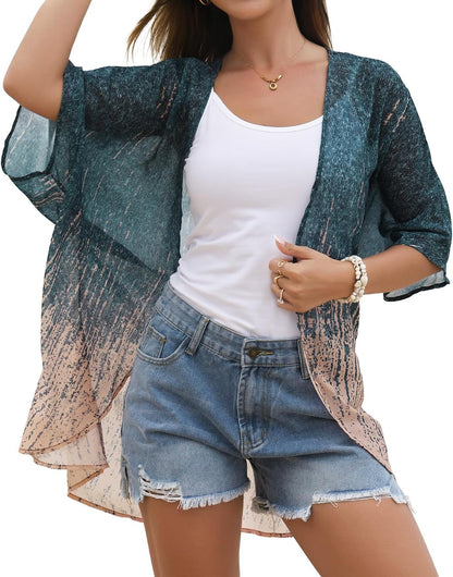 CHICGAL Womens Floral Kimono Cardigan Beach Cover Up Casual Summer Tops | 2026 Puff Sleeve Open Front Chiffon Outfit,Hawaiian Shirt,Beach Vacation Swimwear, Plus Top,Boho ladies Blouse,Cruise Resort