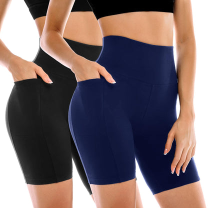 Leafigure 2 Pack Womens Biker Shorts with Pockets 6" | High Waisted, Tummy Control, Running, Gym, Workout, Yoga Shorts