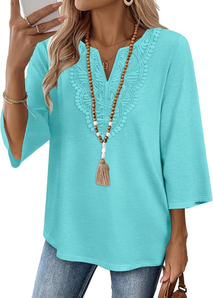 WIHOLL 3/4 Length Sleeve Womens Tops Boho V Neck Lace Shirt Trendy Blouses Dressy Casual Vacation Clothes S-3XL