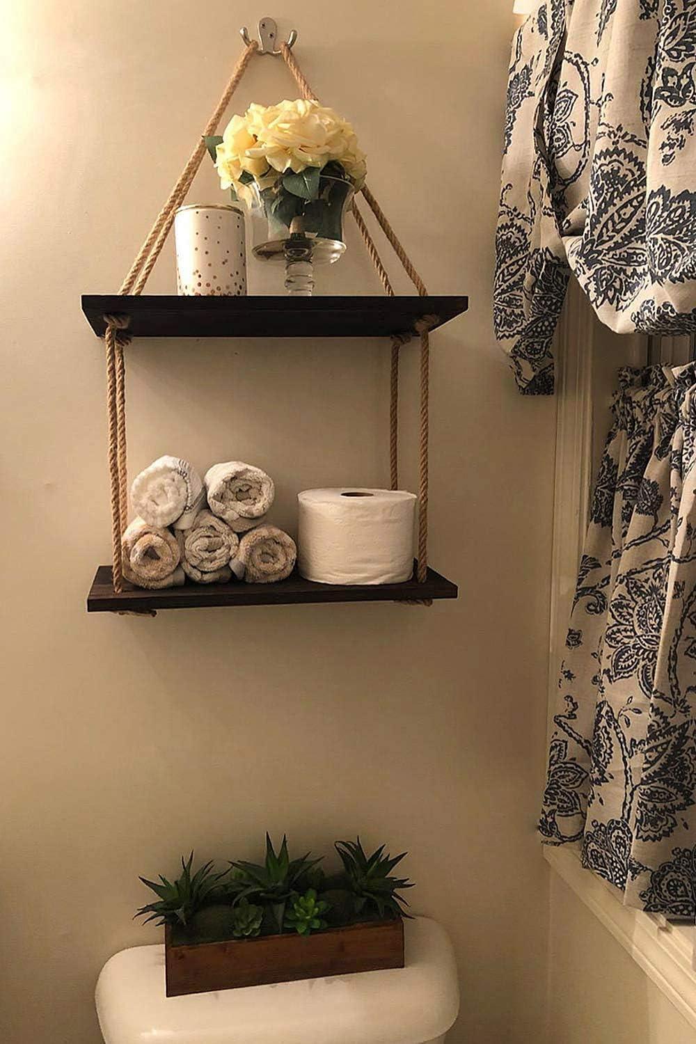 Wood hanging shelf with jute rope, wall-mounted swing storage organizer for home and garden decor by Carmine Athena.