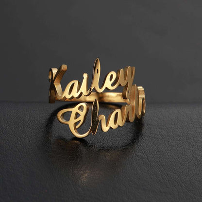 Custom name ring from Pink Lucky jewelry, featuring engraved personalized text on a sleek silver band.