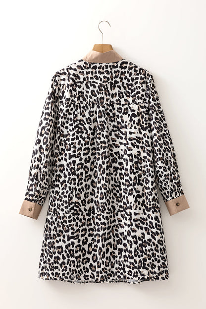 Leopard and stripe patterned Byzantium Bay long sleeve flared dress with a collar and fitted waist, stylish and elegant for any occasion.