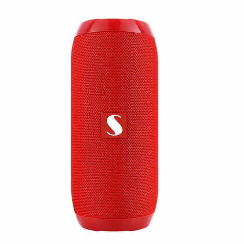 Salmon Lucky Music Manager Bluetooth speaker with built-in subwoofer, showcasing sleek design and control buttons on the front.