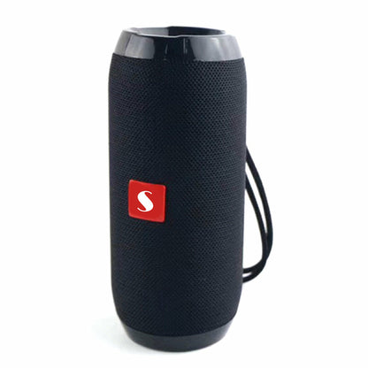 Salmon Lucky Music Manager Bluetooth speaker with subwoofer, showing sleek black design and control buttons for high-quality sound.