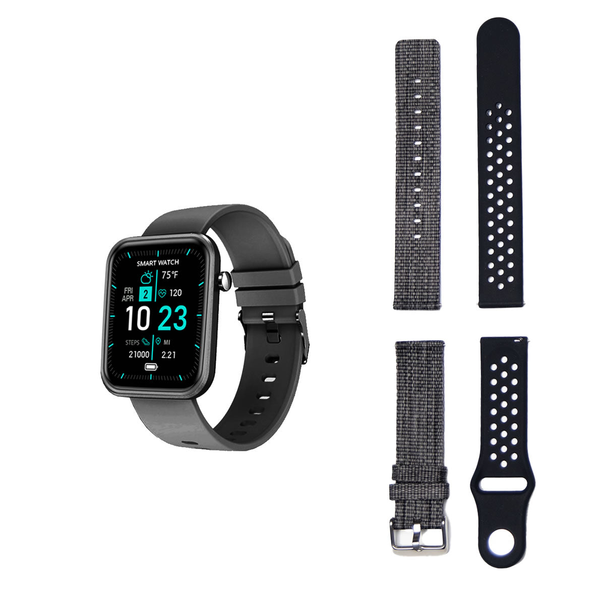 Salmon Lucky advanced smartwatch with three interchangeable bands and wellness activity tracker on a white background.