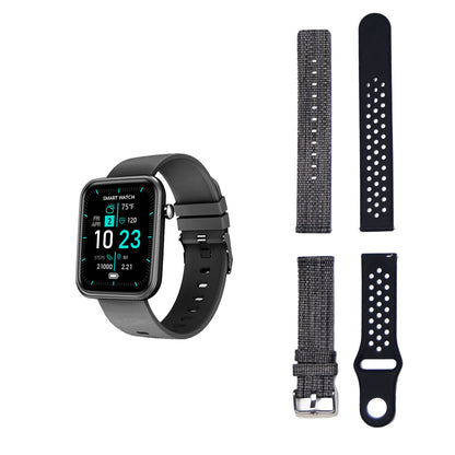 Salmon Lucky advanced smartwatch with three interchangeable bands and wellness activity tracker on a white background.