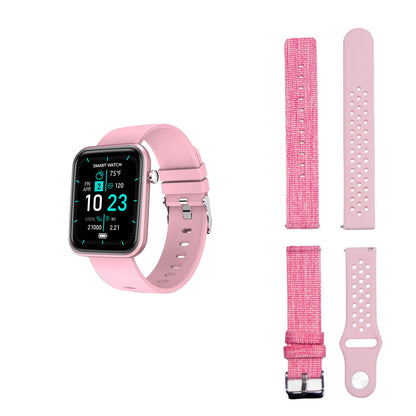 Salmon Lucky advanced smartwatch with three interchangeable bands and wellness activity tracker on a display screen.