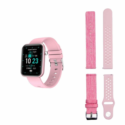 Salmon Lucky advanced smartwatch with three interchangeable bands, showing wellness and activity tracking features on the screen.