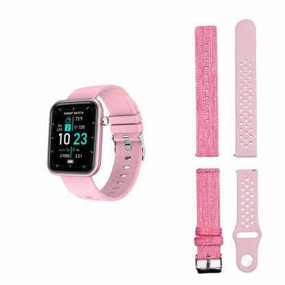 Salmon Lucky advanced smartwatch with three interchangeable bands, showing wellness and activity tracking features on the screen.