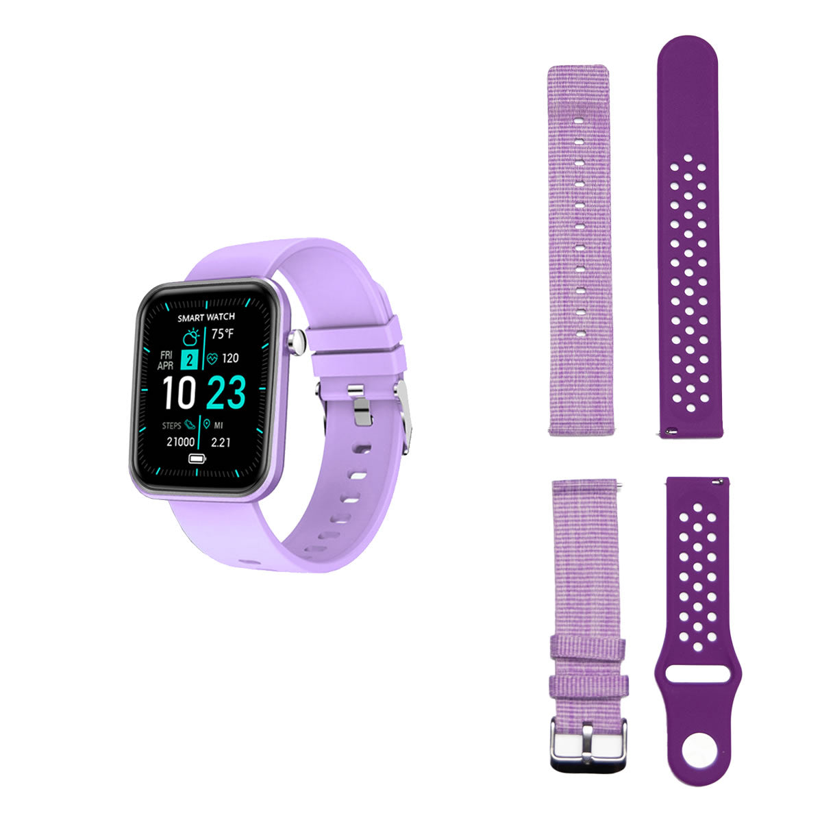 Salmon Lucky advanced smartwatch with three interchangeable bands and wellness activity tracker displayed on a white background.