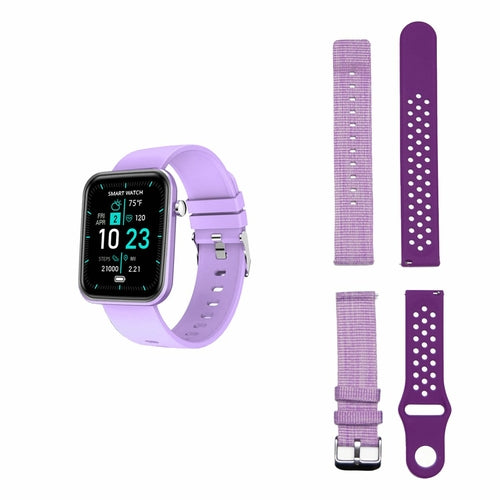Salmon Lucky advanced smartwatch with three interchangeable bands, featuring wellness and activity tracking functions.
