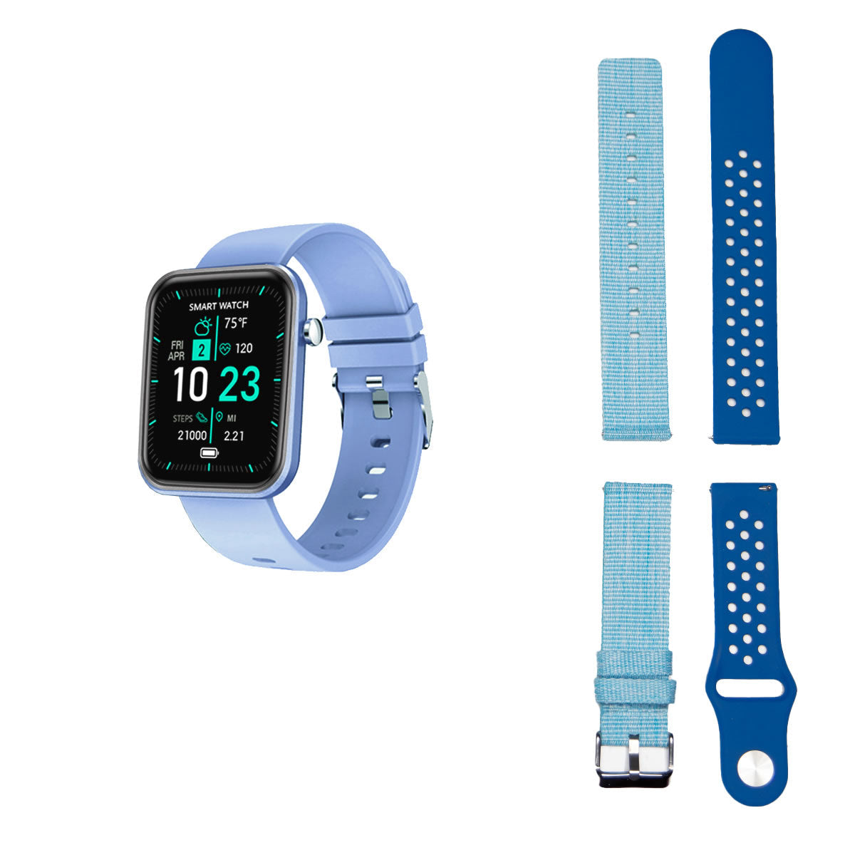 Salmon Lucky advanced smartwatch with three interchangeable bands and wellness, activity tracker features on display.
