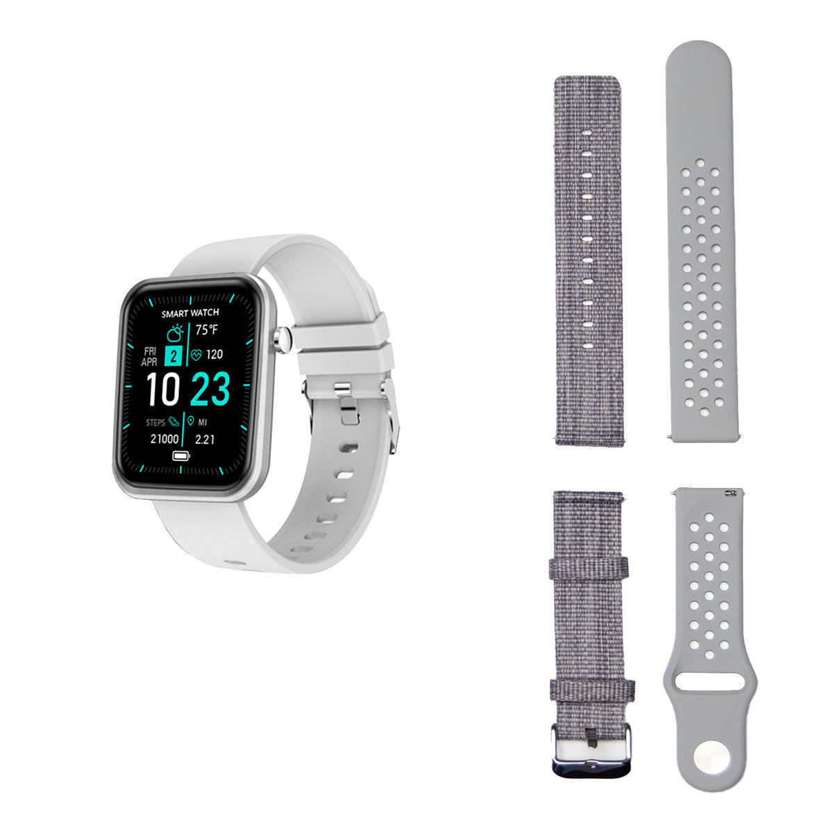 Salmon Lucky advanced smartwatch with three interchangeable bands and wellness activity tracker on display.
