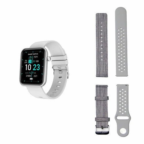 Salmon Lucky advanced smartwatch with three interchangeable bands and wellness activity tracker on a white background.