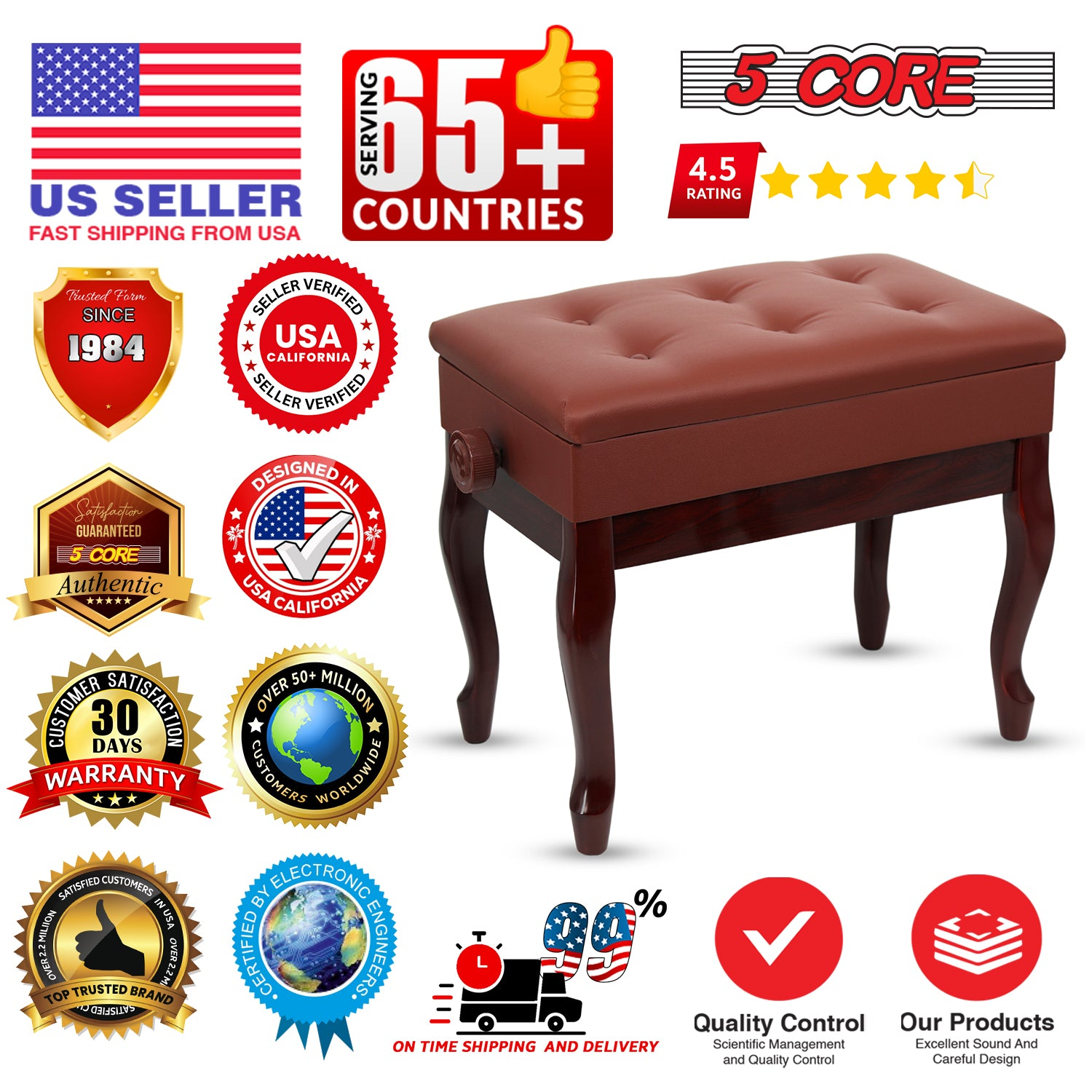 Start2Finish 5 Core Piano Bench with padded cushion, wooden frame, adjustable height, and built-in storage for musical instruments.
