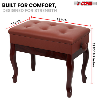 Start2Finish 5 Core padded piano bench with wooden frame, adjustable height, cushioned seat, and built-in storage for musicians.