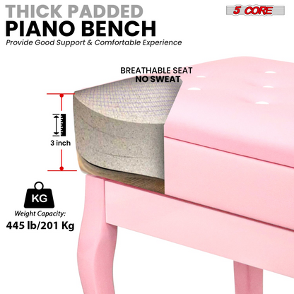 Start2Finish 5 Core piano bench with 3-inch padded cushion, wooden frame, adjustable height, and built-in storage for musicians.