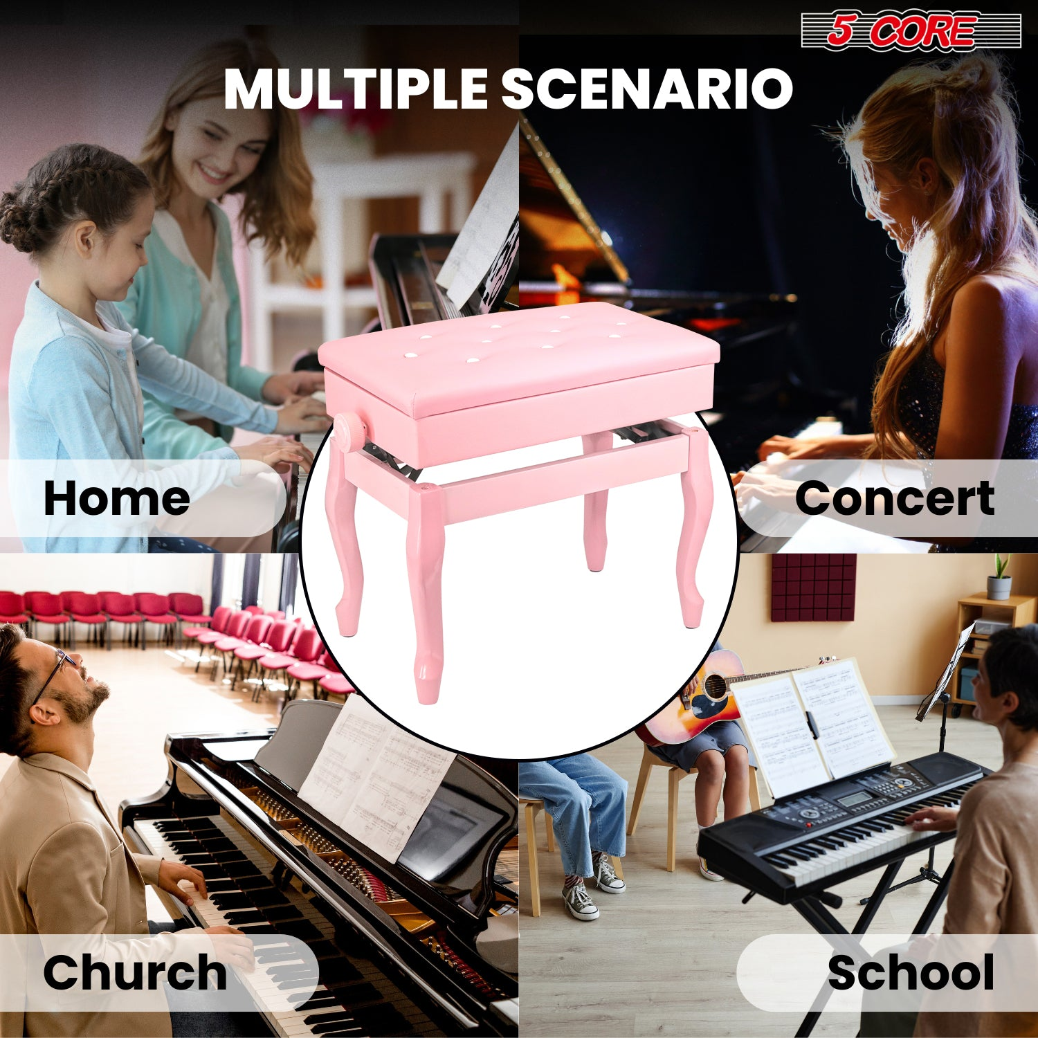 Start2Finish 5 core piano bench with padded cushion, wooden frame, adjustable height, and built-in storage for musicians.