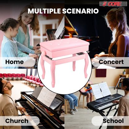 Start2Finish 5 core piano bench with padded cushion, wooden frame, adjustable height, and built-in storage for musicians.