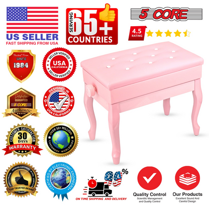 Start2Finish 5 Core piano bench with 3-inch padded cushion, wooden frame, adjustable height, and built-in storage for musicians.
