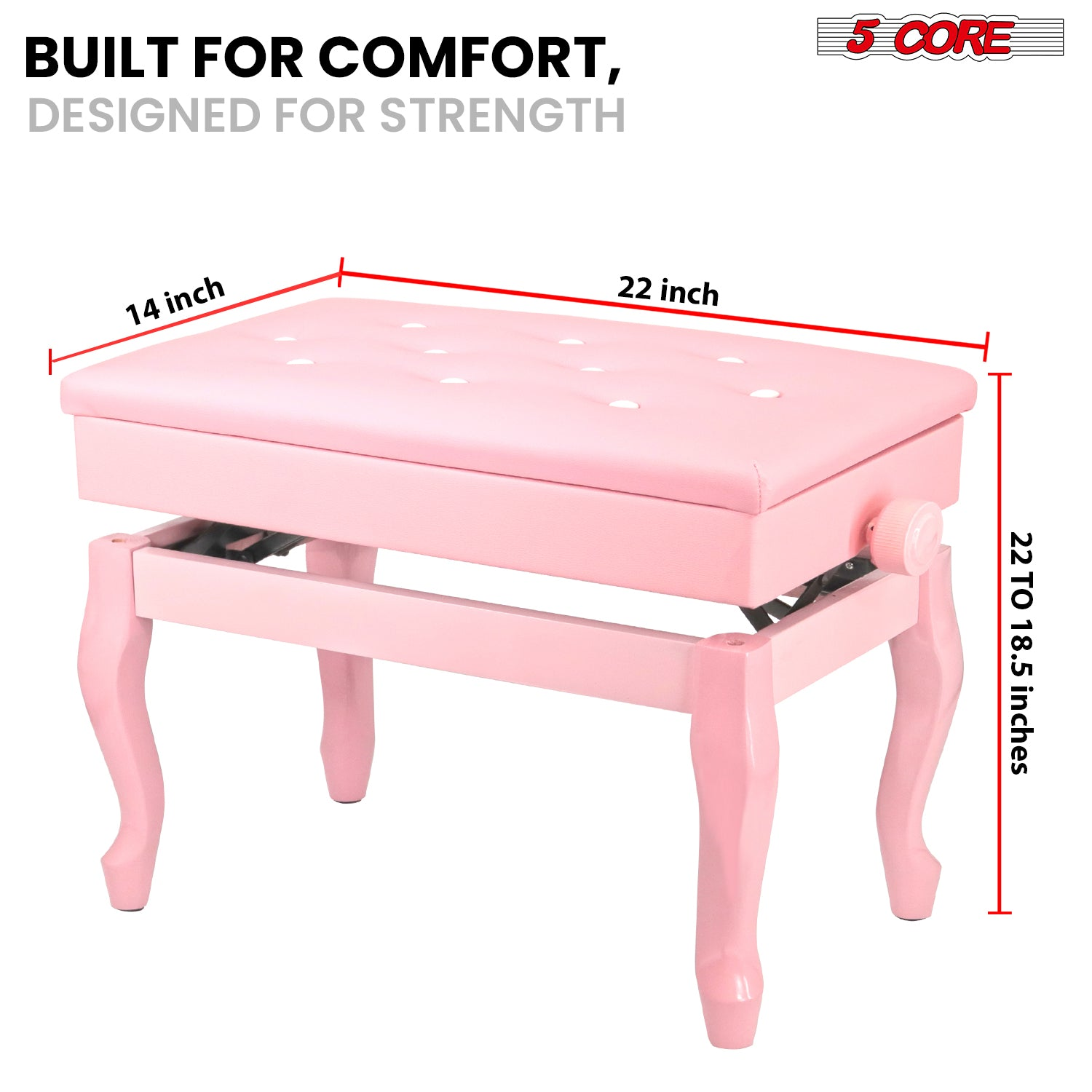 Start2Finish 5 core padded wooden piano bench with adjustable height and built-in storage for musicians.