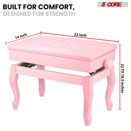 Start2Finish 5 core padded wooden piano bench with adjustable height and built-in storage for musicians.