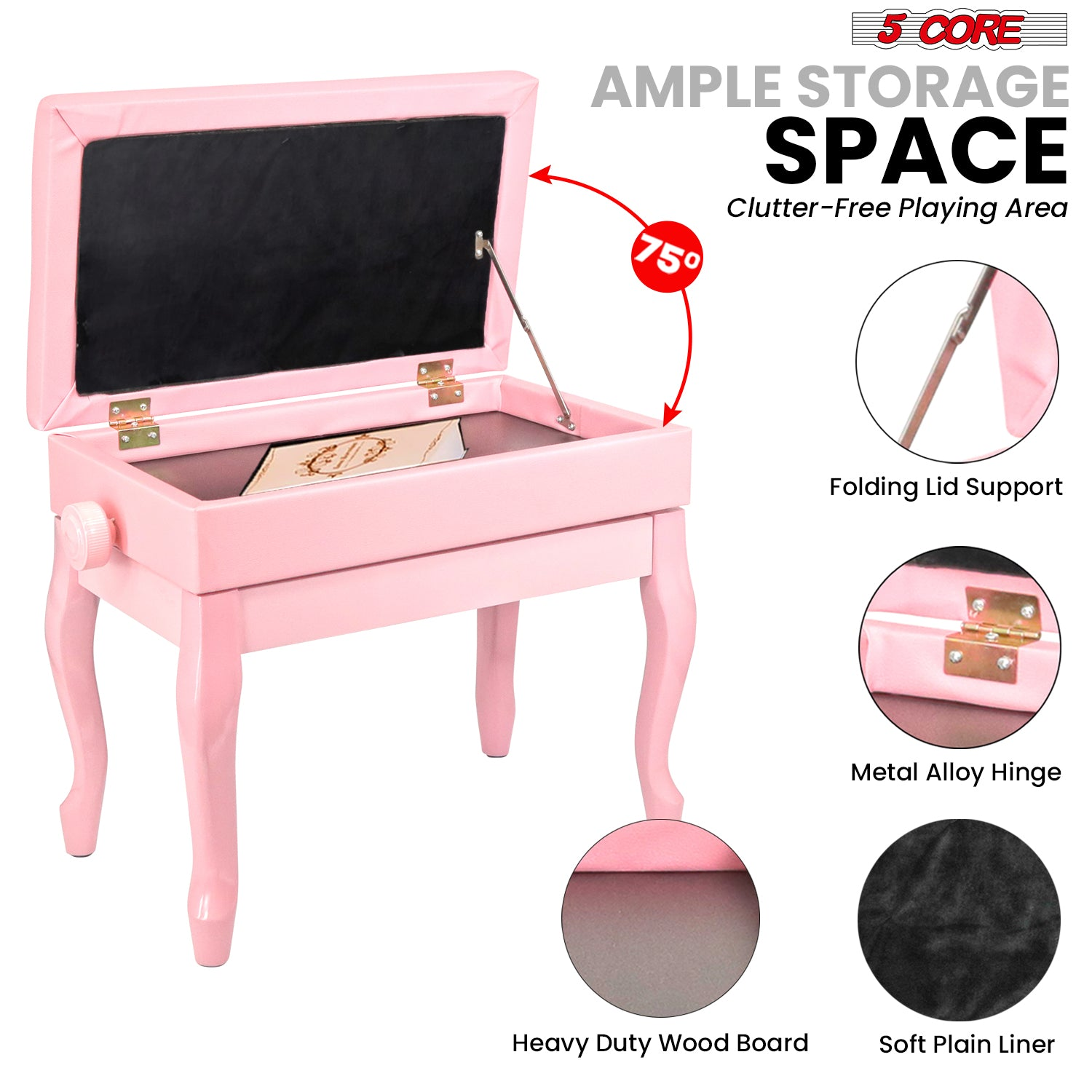 Start2Finish 5 Core piano bench with 3-inch padded cushion, wooden frame, adjustable height, and storage compartment for musicians.