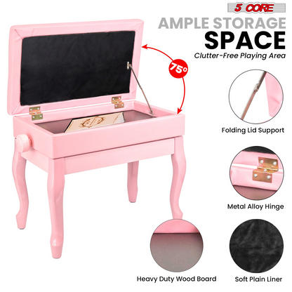 Start2Finish 5 Core piano bench with 3-inch padded cushion, wooden frame, adjustable height, and storage compartment for musicians.
