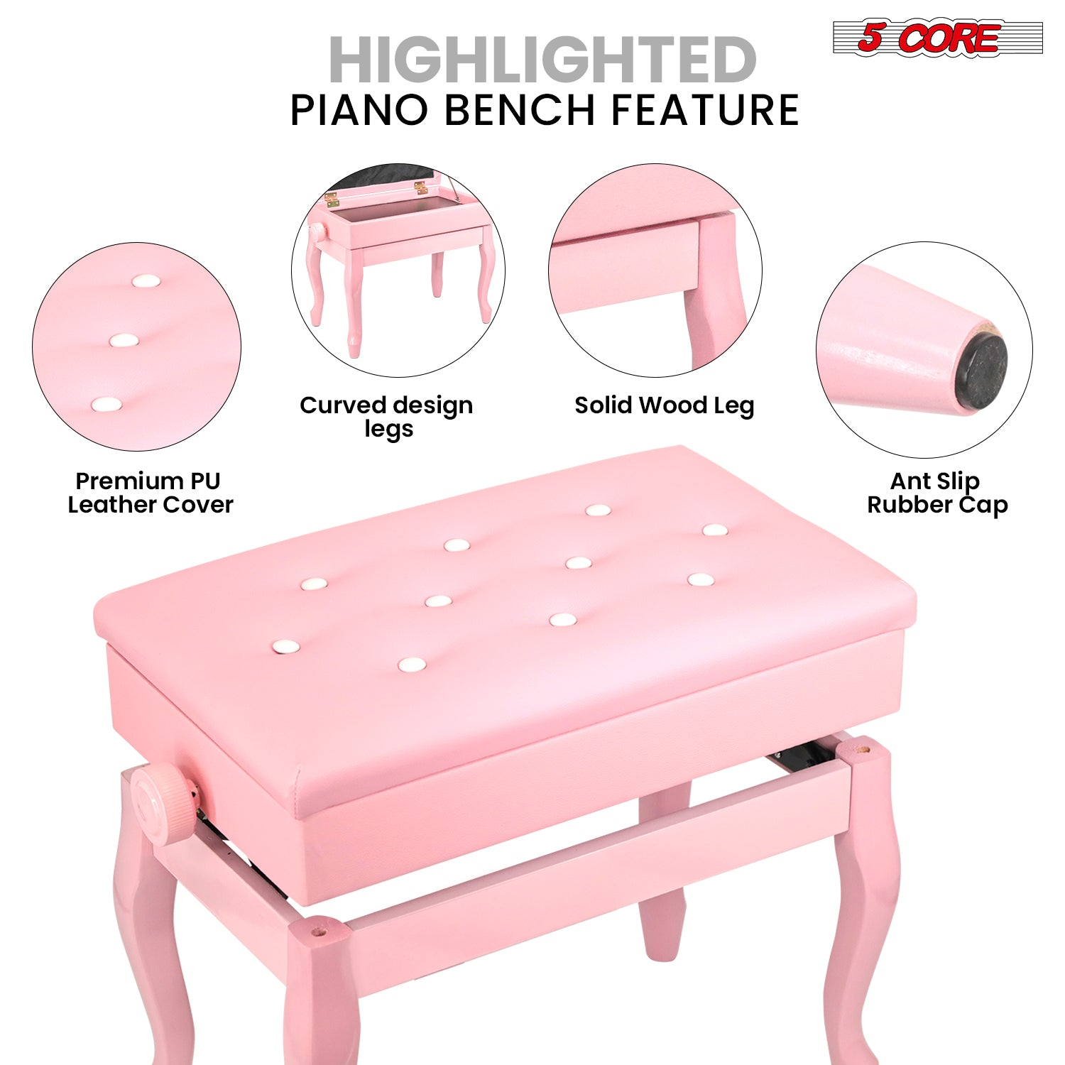 Start2Finish 5 Core piano bench with 3-inch padded cushion, wooden frame, adjustable height, and built-in storage for musicians.