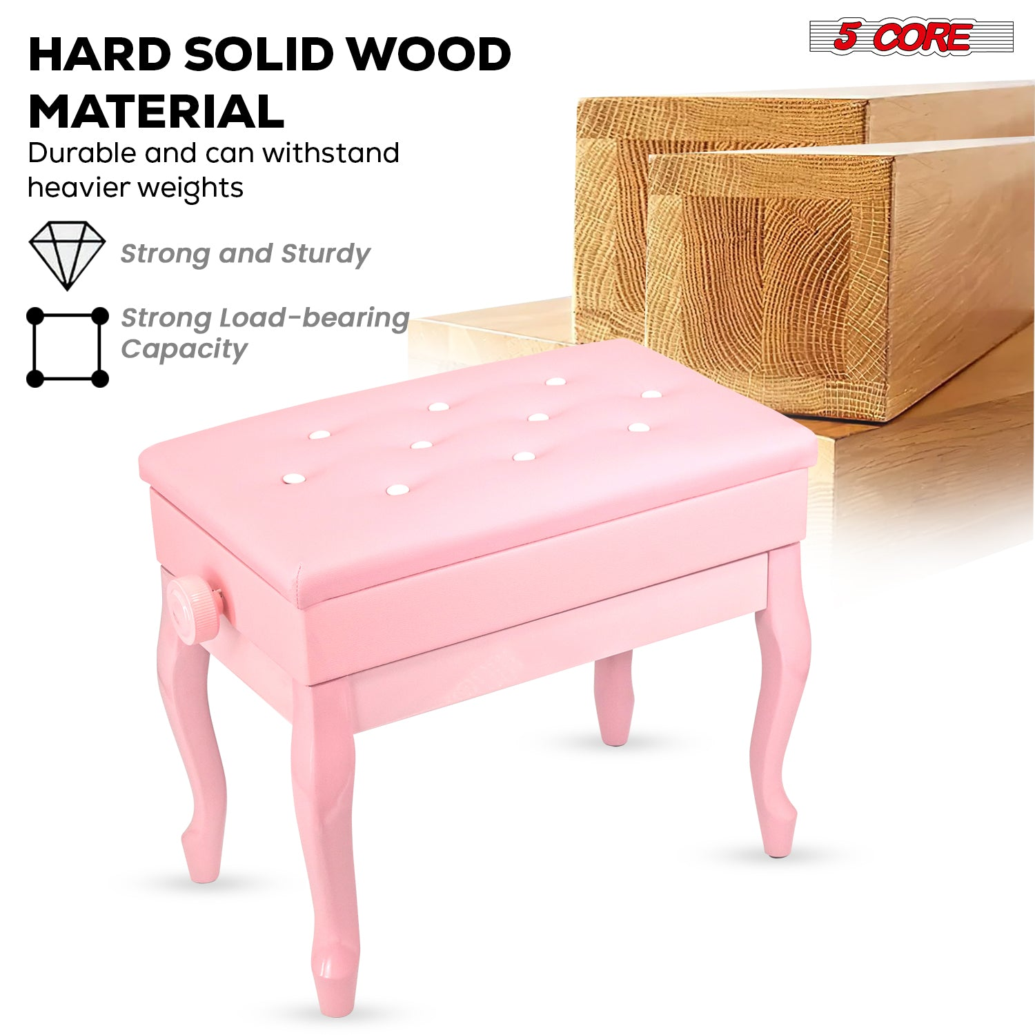 Start2Finish 5 core piano bench with 3-inch padded cushion, wooden frame, adjustable height, and built-in storage for musicians.
