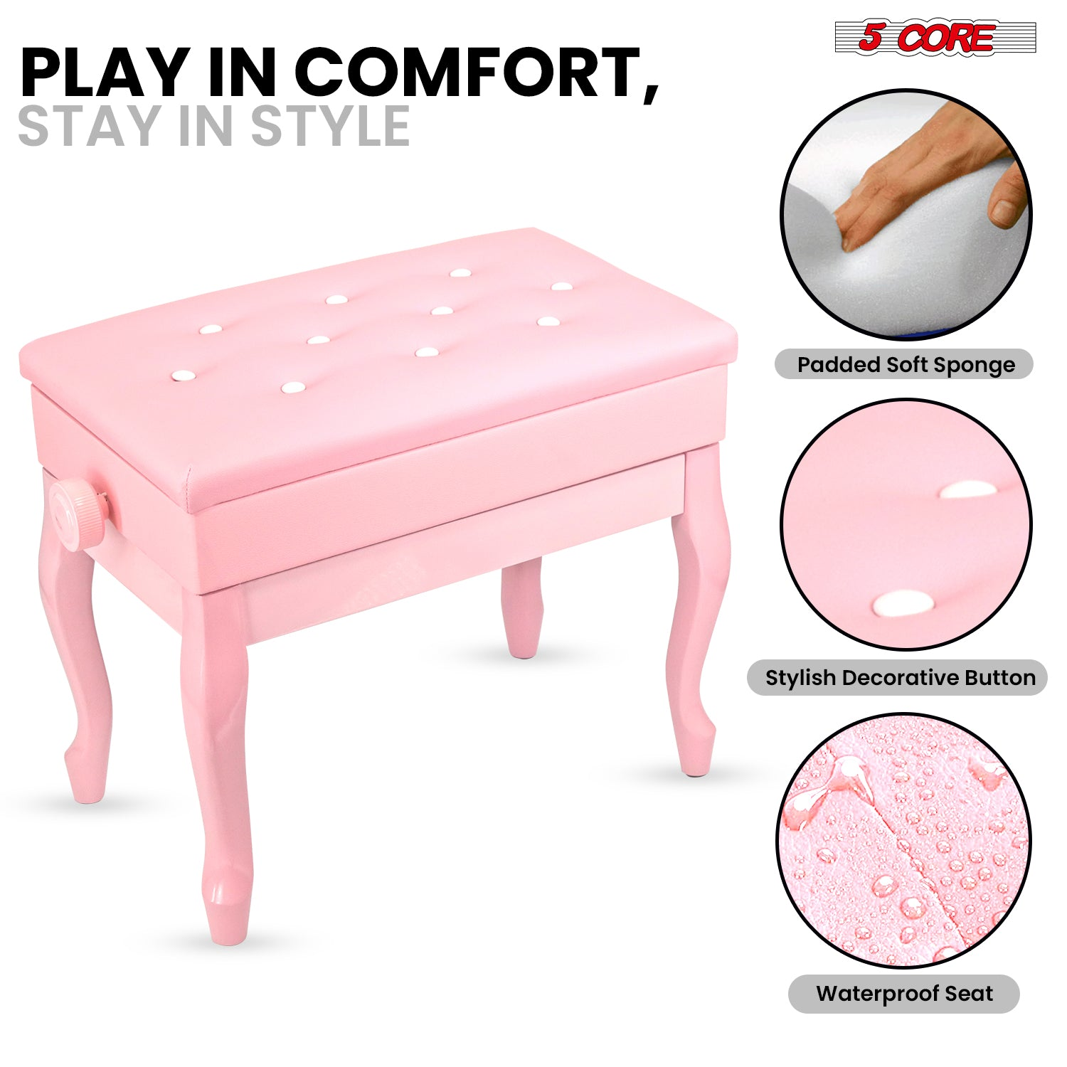 Start2Finish 5 Core piano bench with padded cushion, wooden frame, adjustable height, and built-in storage for musicians.