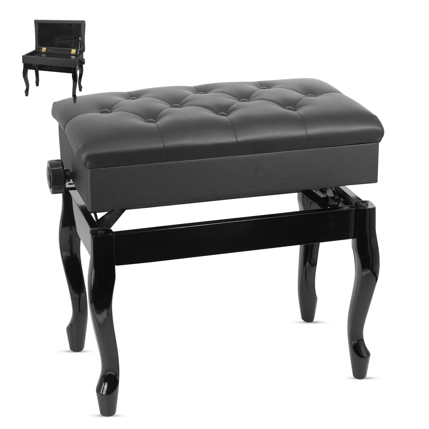 Start2Finish 5 Core Piano Bench with 3-inch padded cushion, wooden frame, adjustable height, and storage for musicians.