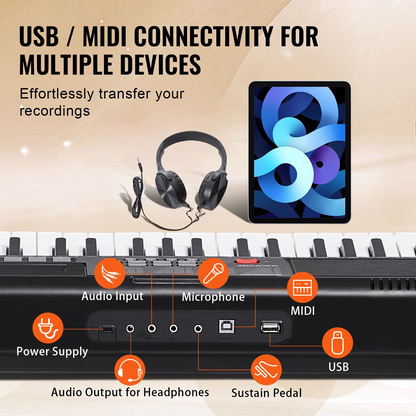 Start2Finish VEVOR 61-key digital keyboard piano with lighted keys, built-in speakers, adjustable stand, and headphones.