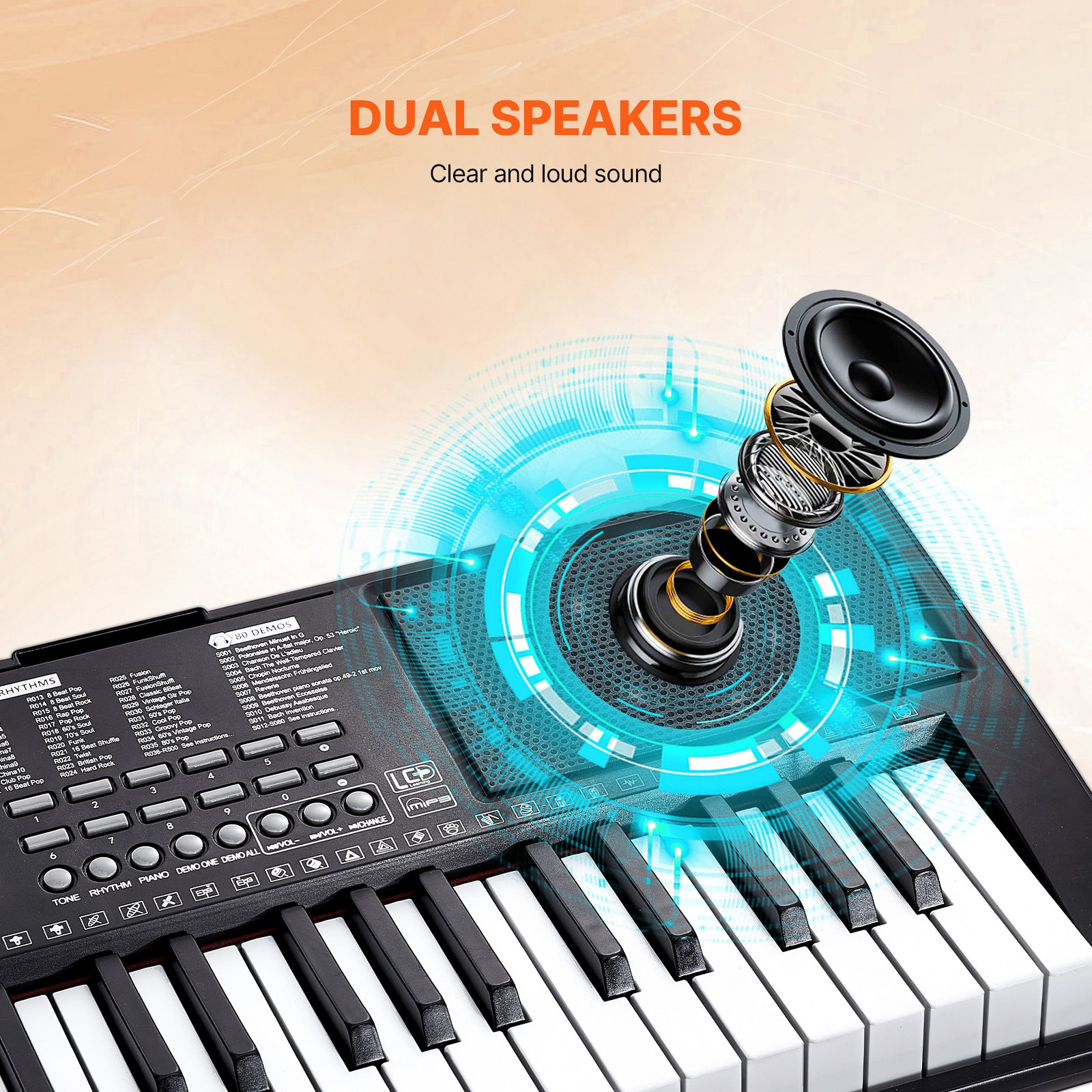 Start2Finish VEVOR 61-key digital keyboard piano with lighted keys, built-in speakers, adjustable stand, headphones, and USB MIDI.